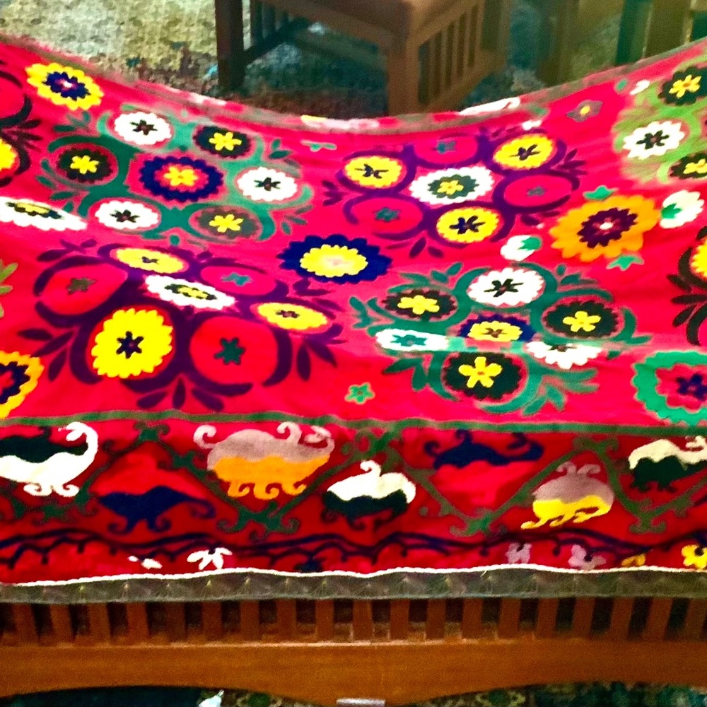 Vintage Suzani Wedding Quilt, hand embroidered Uzbeck dowry gift